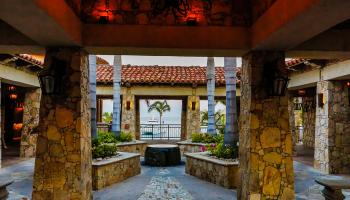 Hotel courtyard with water feature during the day